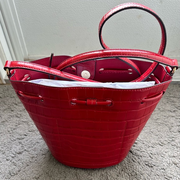 Lauren Ralph Lauren Andie Embossed Drawstring Bag - Red (Never Used) - Picture 2 of 5